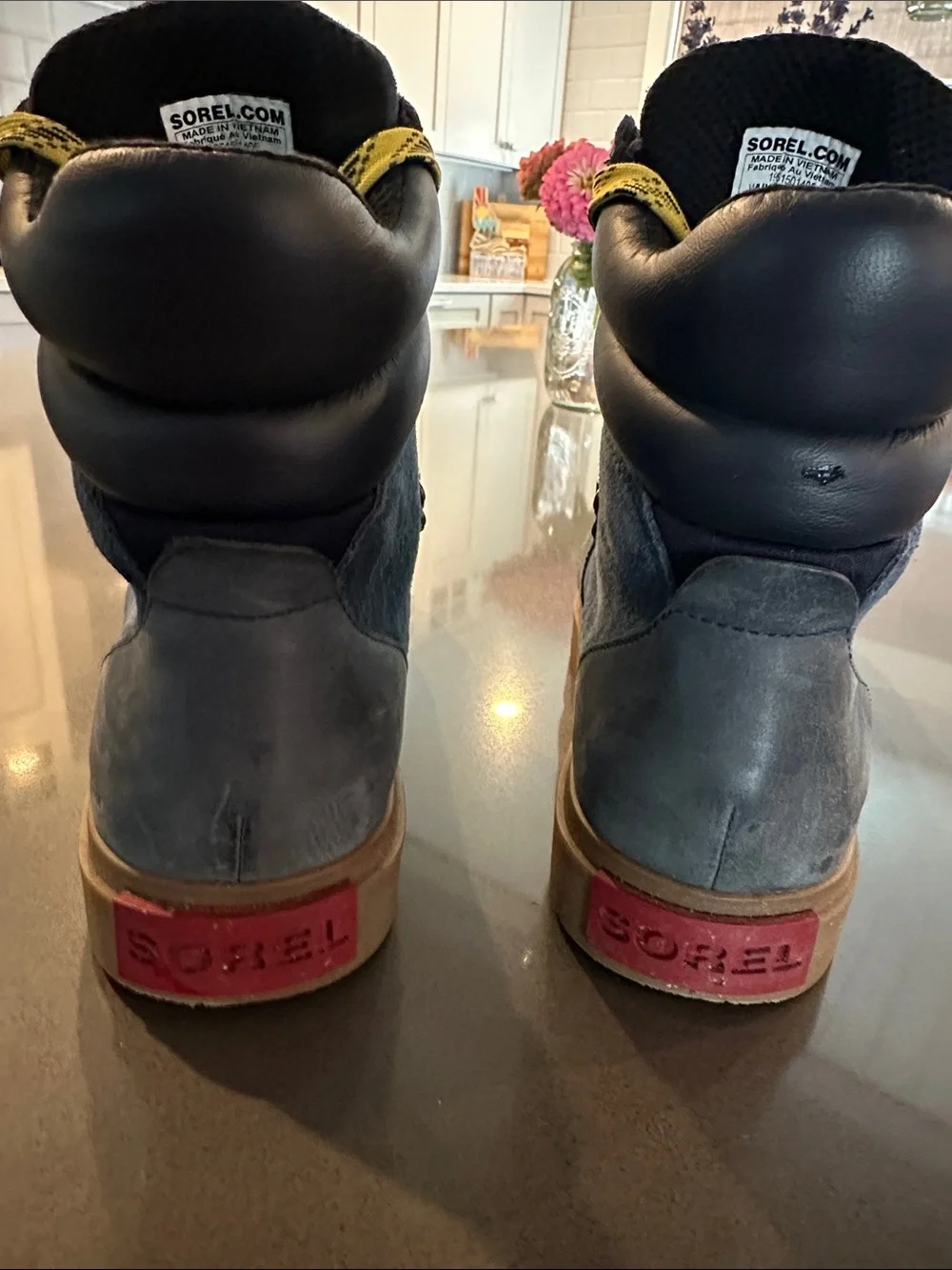 Sorel Navy Suede Lace-Up Boots with Yellow Laces